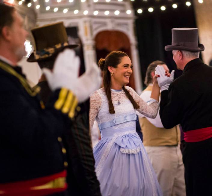 Shannon Stehle, of Reno, dances during the Nevada Statehood Ball in Virginia City on Saturday, ...