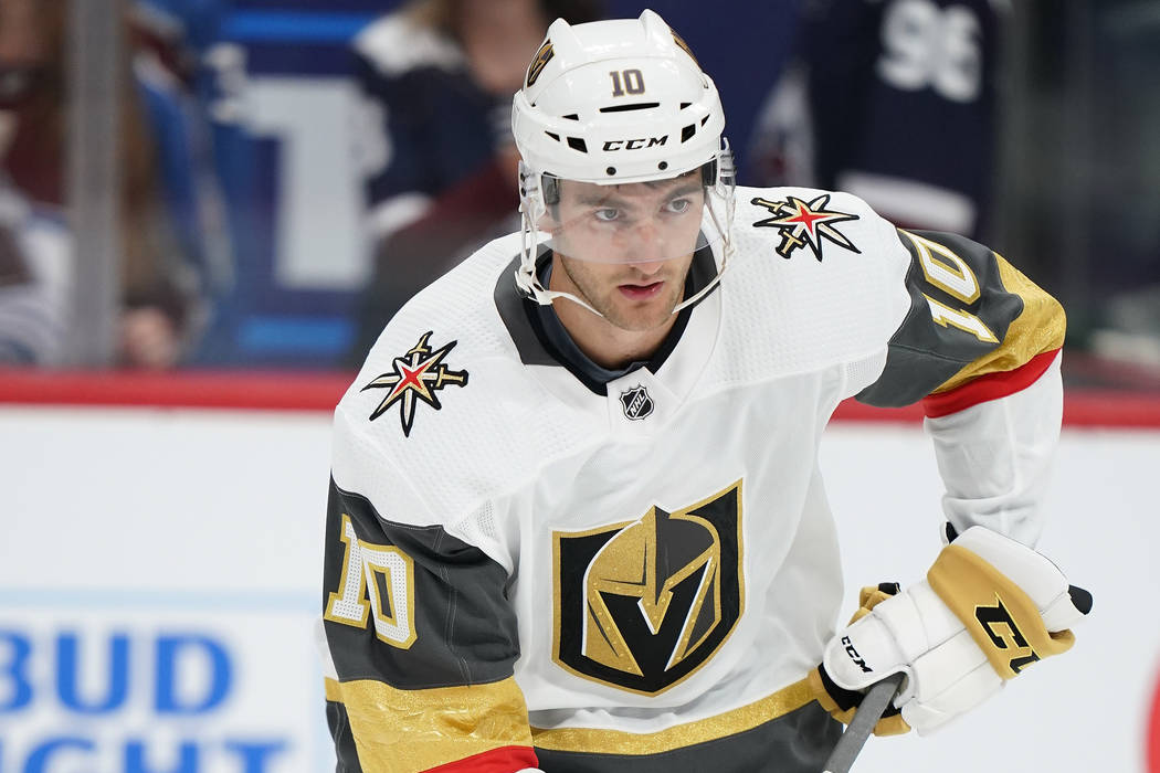 Vegas Golden Knights center Nicolas Roy skates during warm-ups before the start of a preseason ...