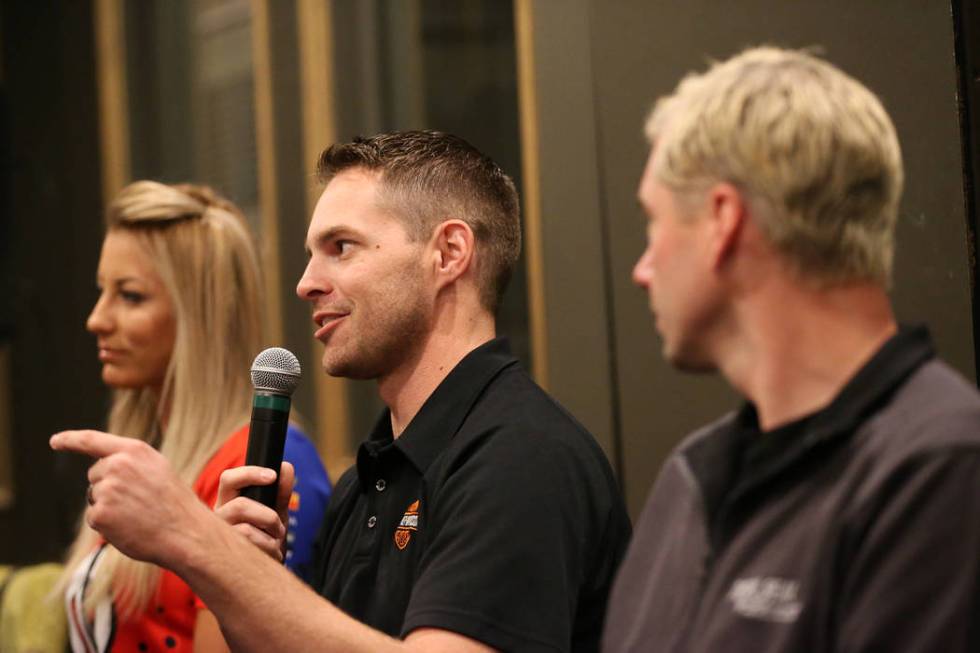 Driver Andrew Hines speaks during a press conference for the Dodge NHRA Nationals event at Del ...