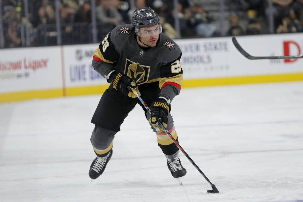 Vegas Golden Knights left wing William Carrier (28) plays against the Anaheim Ducks in an NHL h ...