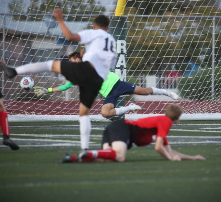 Las Vegas' Sergio Aguayo (18) scores against Coronado's Josue Ruiz during the Southern Nevada b ...