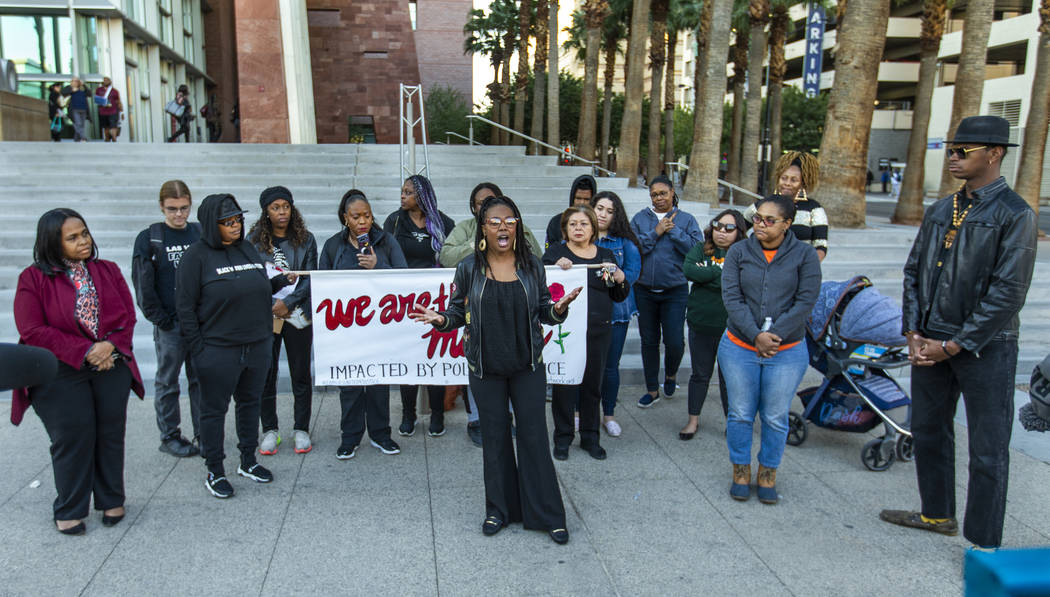 Marcie Wells speaks during the National Day of Outrage rally outside the Regional Justice Cente ...