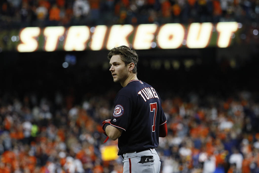 Washington Nationals' Trea Turner reacts after his strikeout during the sixth inning of Game 7 ...