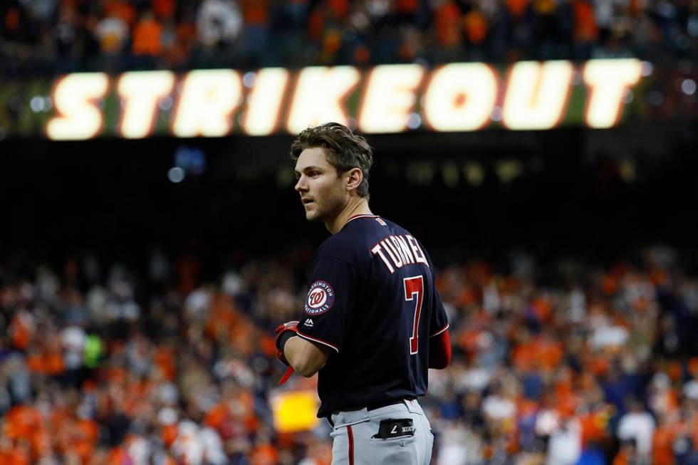 Washington Nationals' Trea Turner reacts after his strikeout during the sixth inning of Game 7 ...