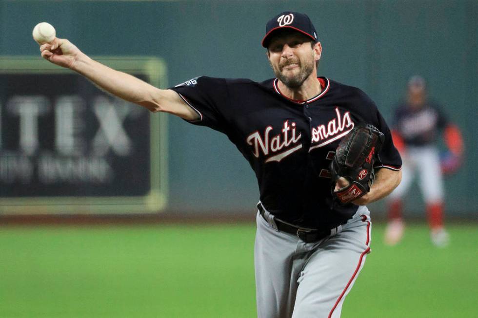 Washington Nationals starting pitcher Max Scherzer throws against the Houston Astros during the ...