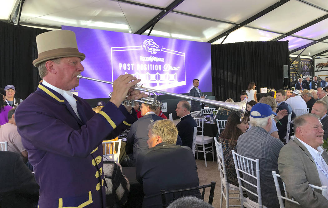 Santa Anita Park bugler Jay Cohen plays during the Breeders' Cup Draw for positions Monday, Oct ...
