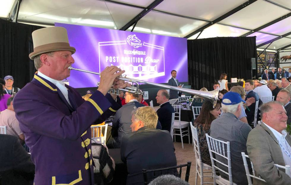 Santa Anita Park bugler Jay Cohen plays during the Breeders' Cup Draw for positions Monday, Oct ...