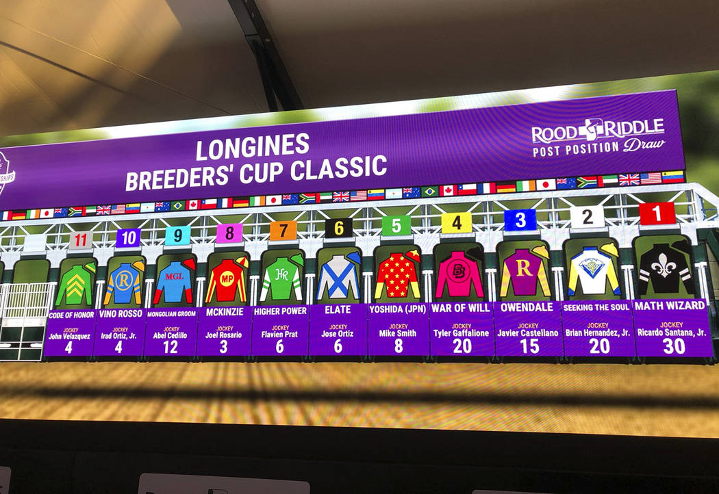 The field for the $6 million Breeders' Cup Classic at Santa Anita Park is displayed on a video ...