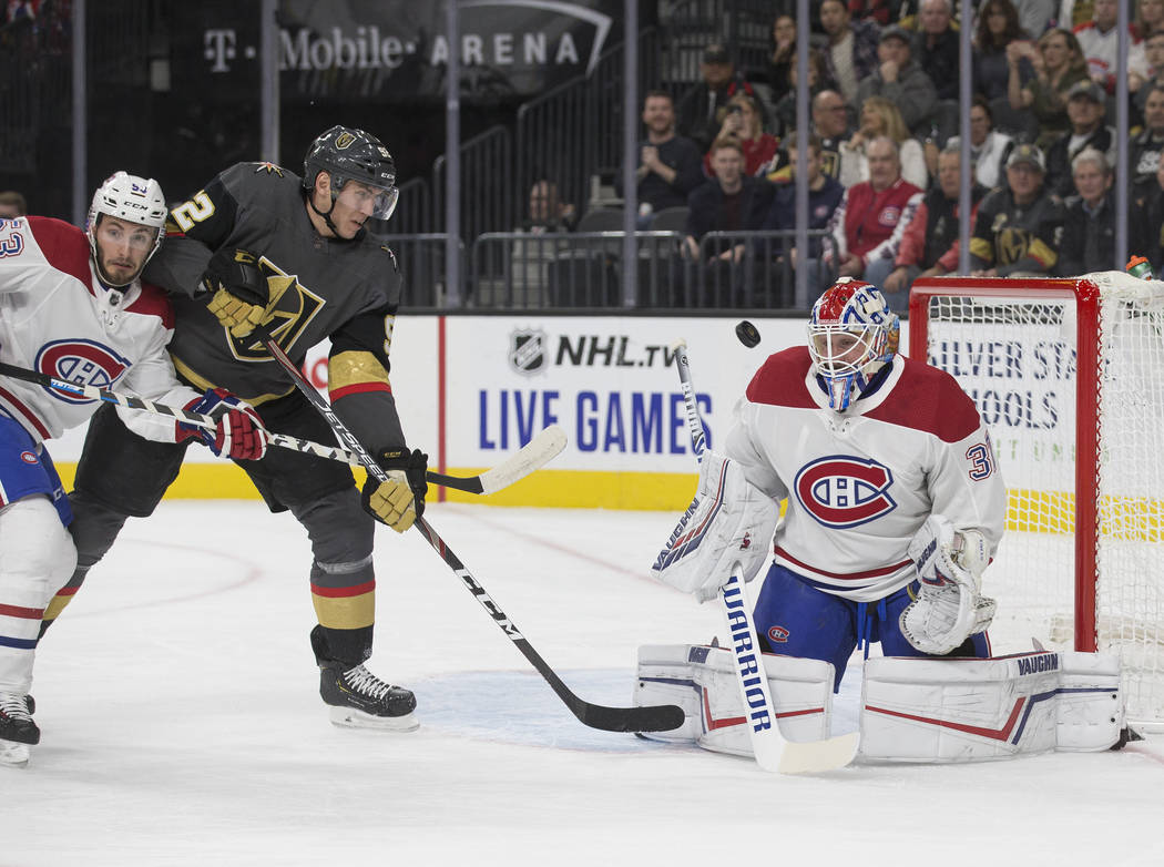 Vegas Golden Knights left wing Tomas Nosek (92) shoots on Montreal Canadiens goaltender Keith K ...