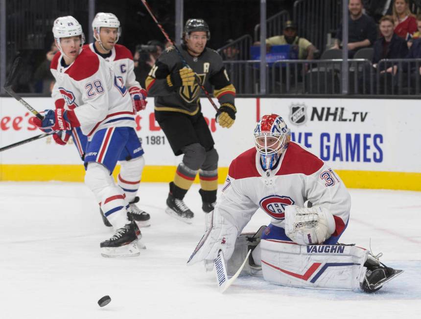 Montreal Canadiens goaltender Keith Kinkaid (37) makes a save against Vegas Golden Knights righ ...