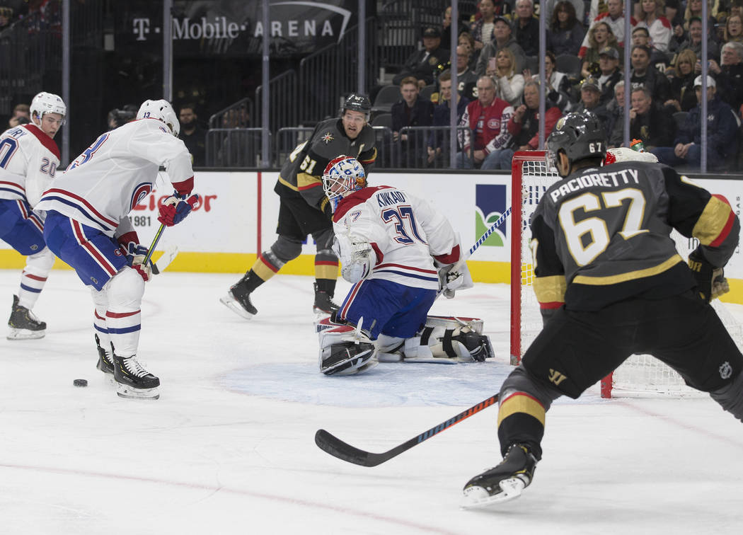 Vegas Golden Knights left wing Max Pacioretty (67) shoots on Montreal Canadiens goaltender Keit ...