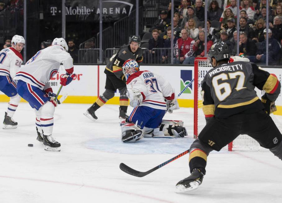 Vegas Golden Knights left wing Max Pacioretty (67) shoots on Montreal Canadiens goaltender Keit ...