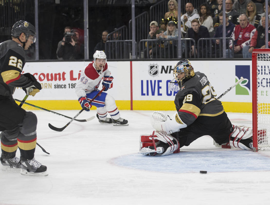 Vegas Golden Knights goaltender Marc-Andre Fleury (29) makes a save against Montreal Canadiens ...