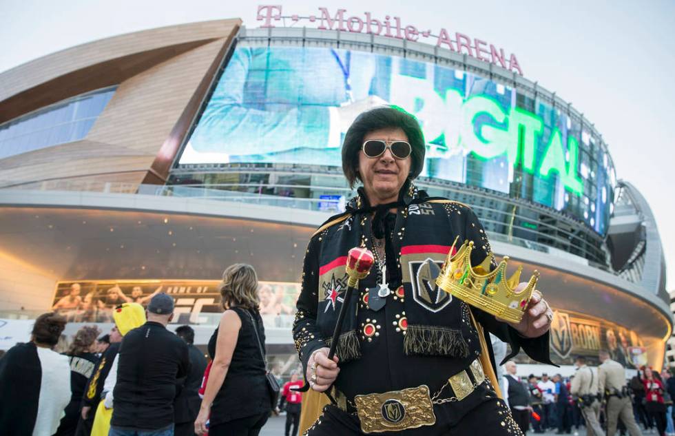 Jeff Stanulis in his Halloween outfit outside T-Mobile Arena before the start of the Golden Kni ...