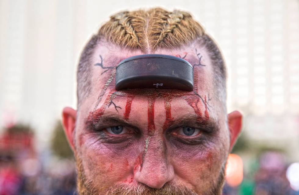 Doug Bowden in his Halloween outfit outside T-Mobile Arena before the start of the Golden Knigh ...