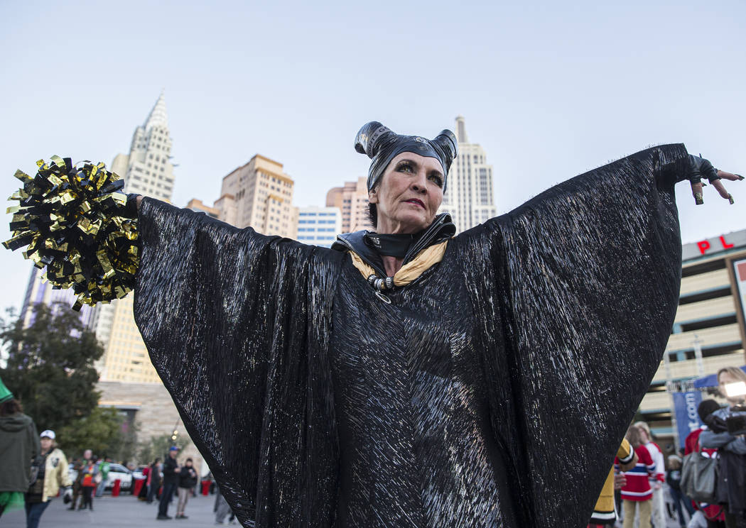 Marie Ayers in her Halloween outfit outside T-Mobile Arena before the start of the Golden Knigh ...