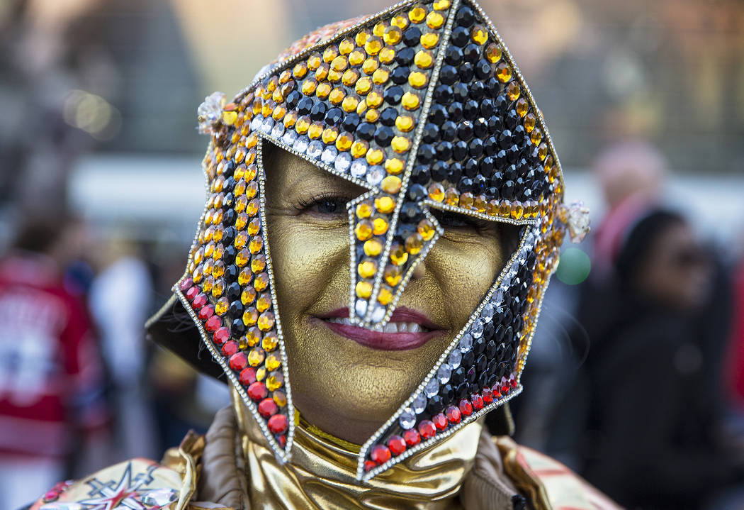 Cheryl Jennings in her Halloween outfit outside T-Mobile Arena before the start of the Golden K ...