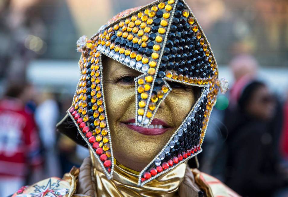 Cheryl Jennings in her Halloween outfit outside T-Mobile Arena before the start of the Golden K ...