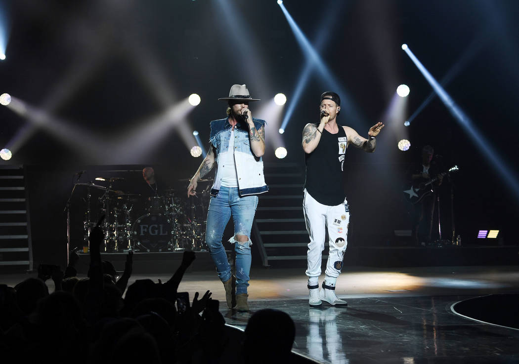 American country music duo Brian Kelley, left, and Tyler Hubbard perform at Zappos Theater at P ...