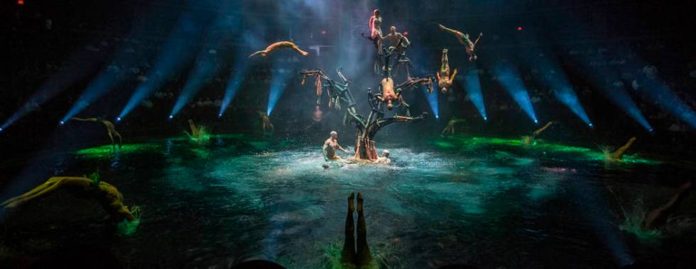 Performers leap into the 26.6-foot-deep pool from a large tree-like structure, which weighs 4,7 ...
