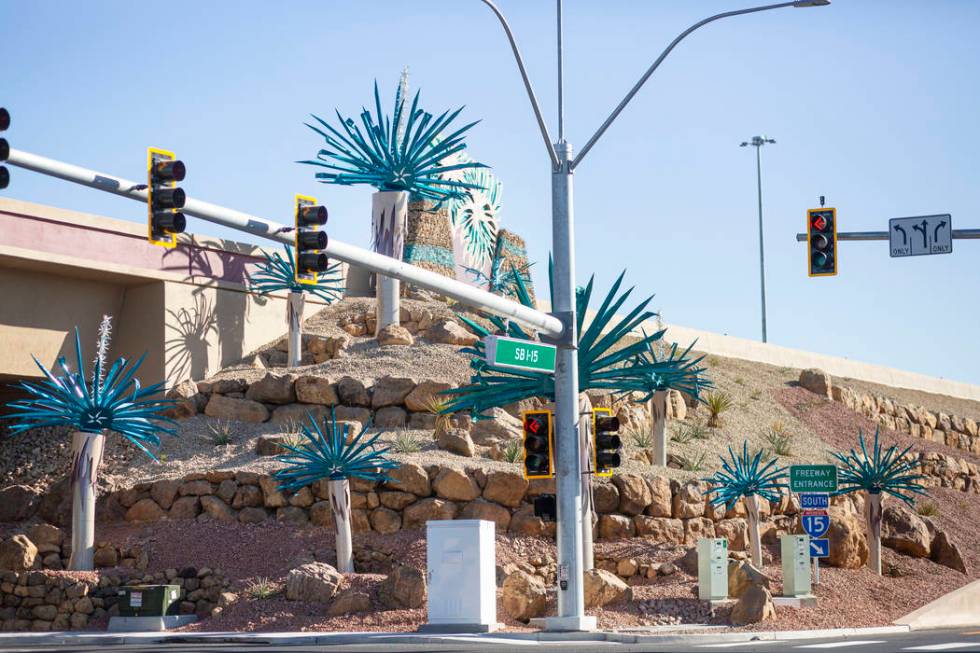 Steel cactus sculptures the Starr Avenue-Interstate 15 interchange in Las Vegas on Friday, Nov. ...