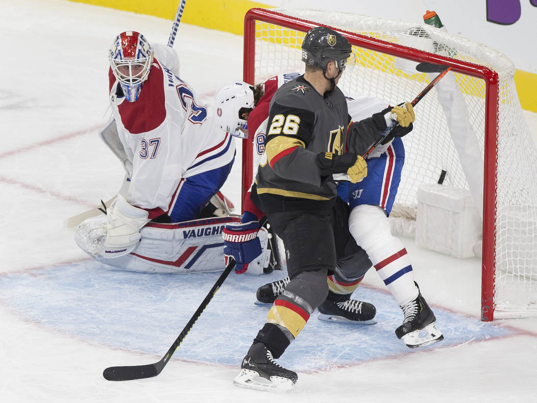 Vegas Golden Knights center Paul Stastny (26) watches a goal by Vegas Golden Knights right wing ...