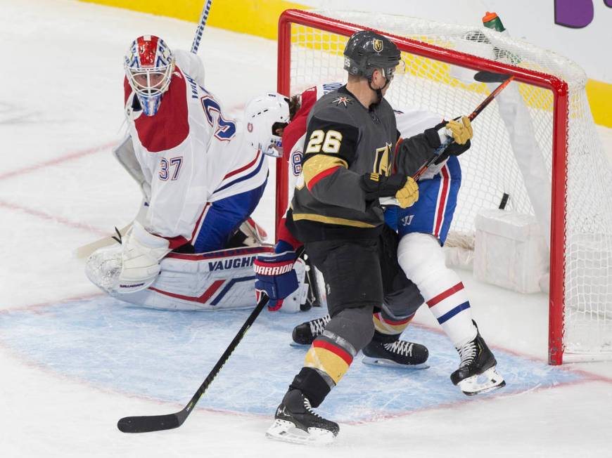 Vegas Golden Knights center Paul Stastny (26) watches a goal by Vegas Golden Knights right wing ...