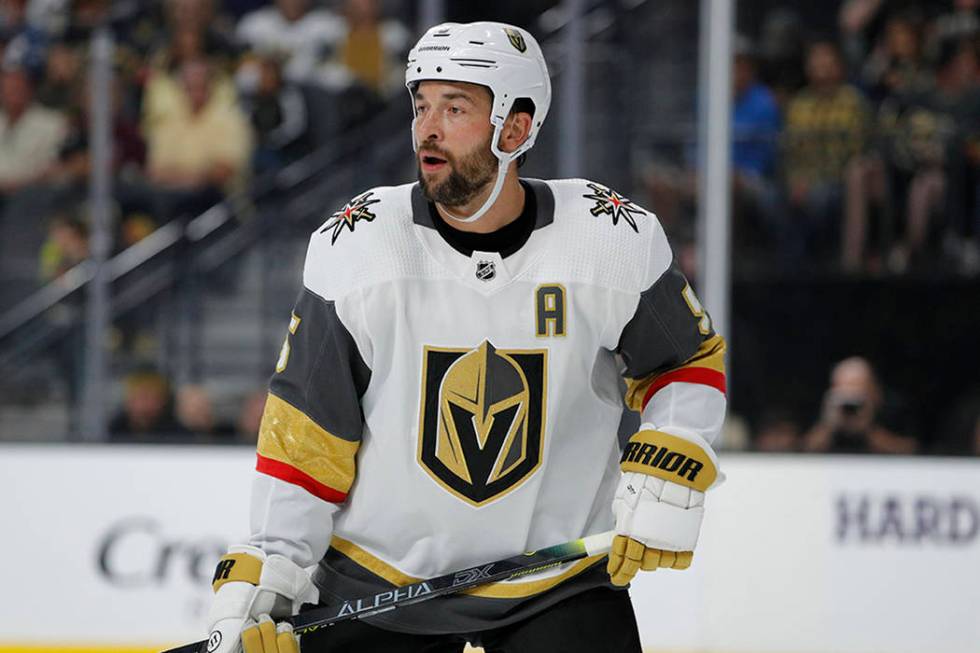 Vegas Golden Knights defenseman Deryk Engelland (5) plays against the Colorado Avalanche during ...