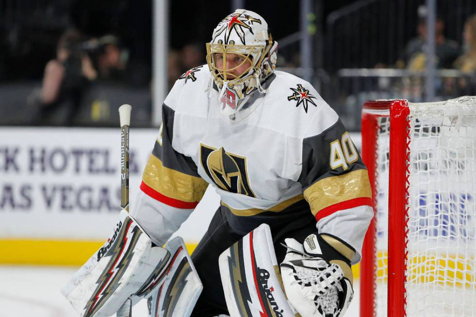 Vegas Golden Knights goaltender Garret Sparks (40) plays against the Colorado Avalanche during ...