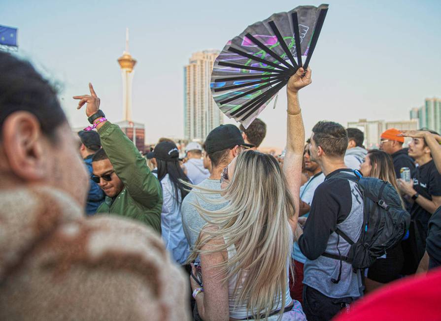 Fans dance at the Roll the Dice stage during the Day N Vegas music festival on Friday, Nov. 1, ...