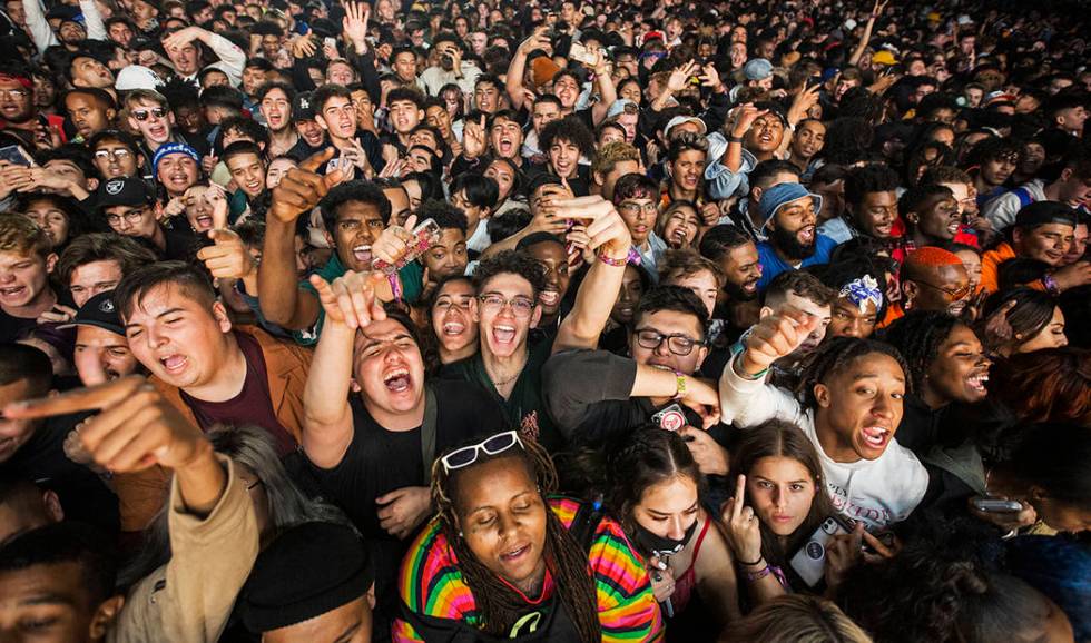 Fans cheer for Lil Uzi Vert on the Roll the Dice stage during the Day N Vegas music festival on ...