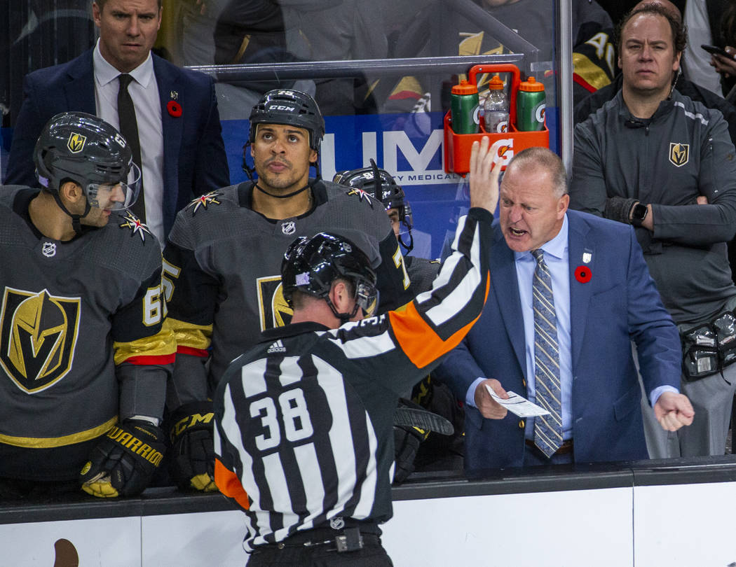 Vegas Golden Knights head coach Gerard Gallant protests a goal by the Winnipeg Jets after Vegas ...