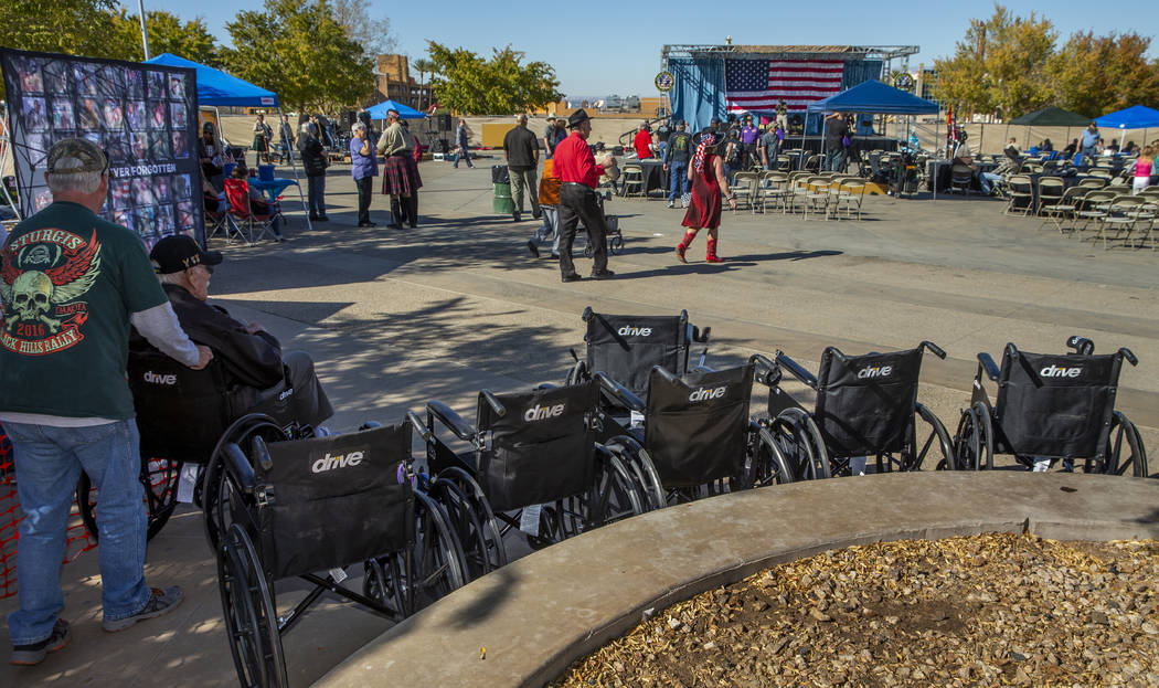 Wheelchairs begin to pile up from elderly veterans in attendance during the 10th Annual One Her ...