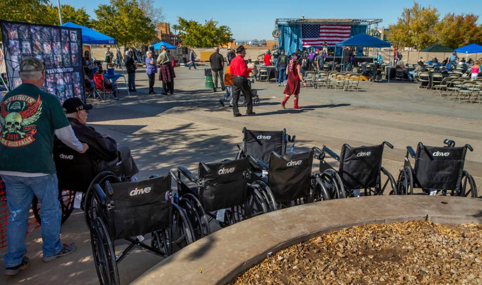 Wheelchairs begin to pile up from elderly veterans in attendance during the 10th Annual One Her ...
