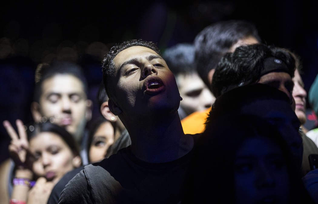 Fans cheer for Trippie Redd on the Jackpot stage during Day N Vegas music festival on Saturday, ...