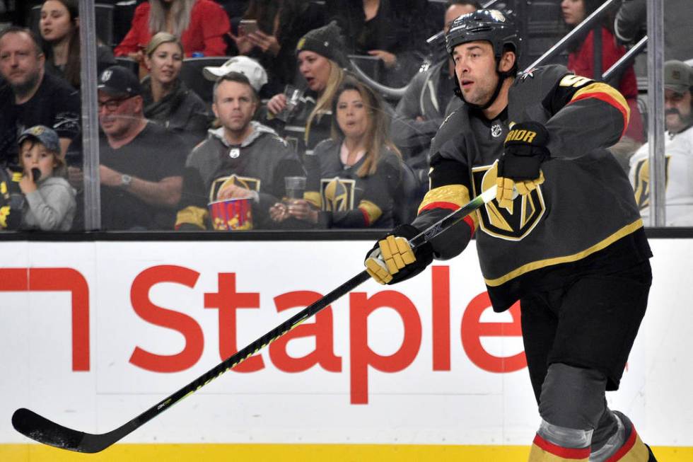 Vegas Golden Knights defenseman Deryk Engelland (5) passes the puck against the Winnipeg Jets d ...