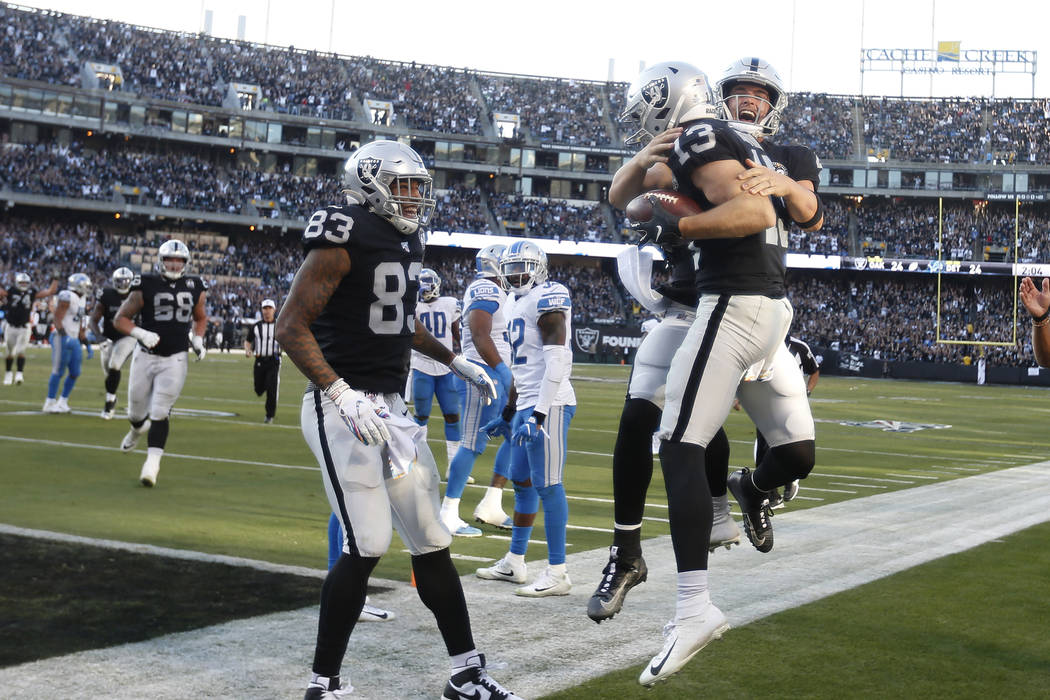 Oakland Raiders wide receiver Hunter Renfrow (13) celebrates with quarterback Derek Carr, right ...