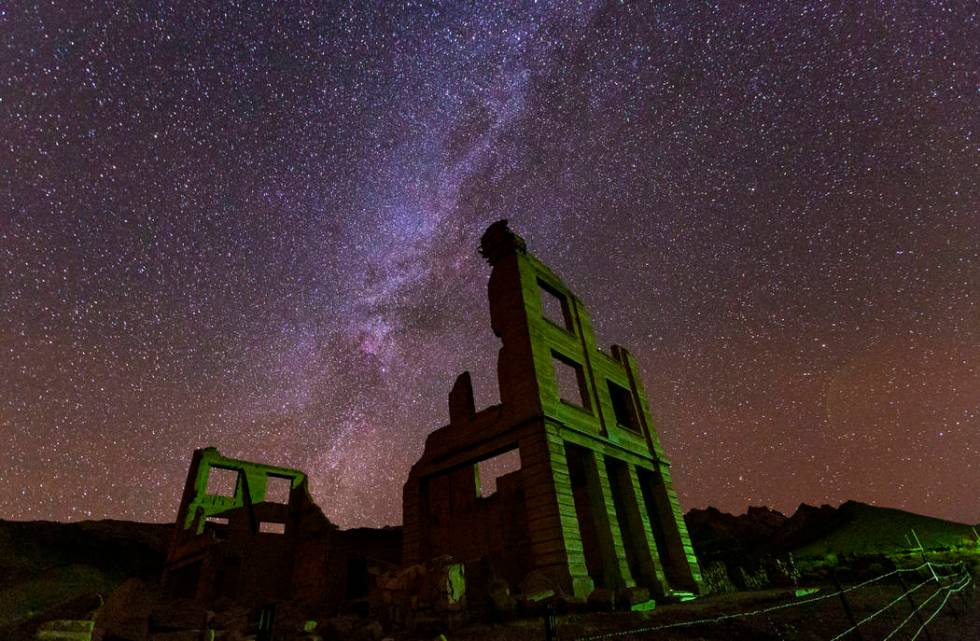 A view of the night sky over the Cook Bank building in Rhyolite on Friday, Nov. 22, 2019. (Chas ...