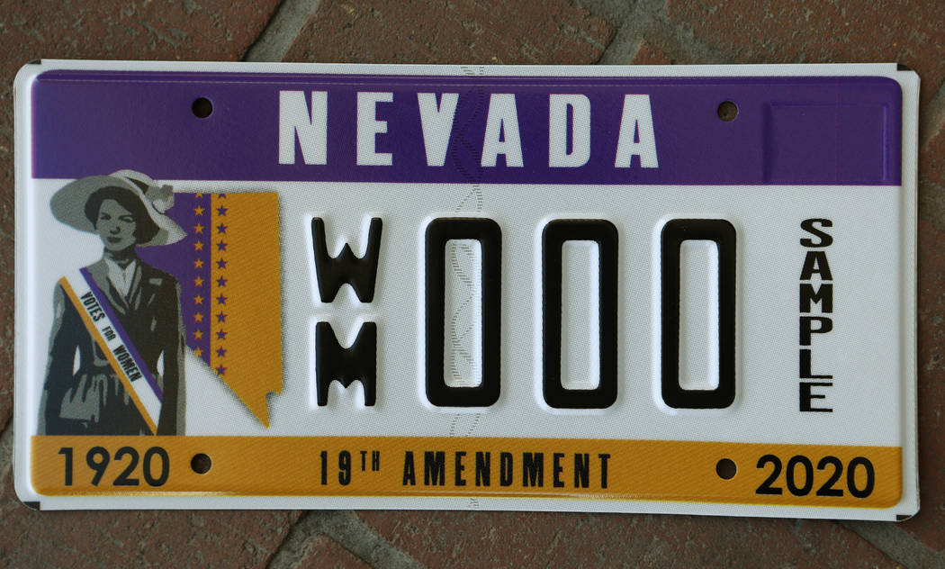 The Nevada Commission for Women unveiled a new Nevada license plate honoring the 100-year anniv ...