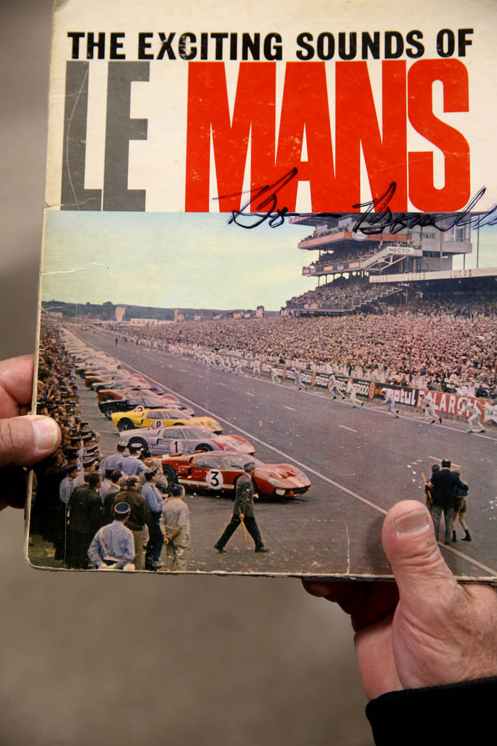 An album cover featuring a photo of the 1966 La Mans race that was dominated by Carroll Shelby' ...