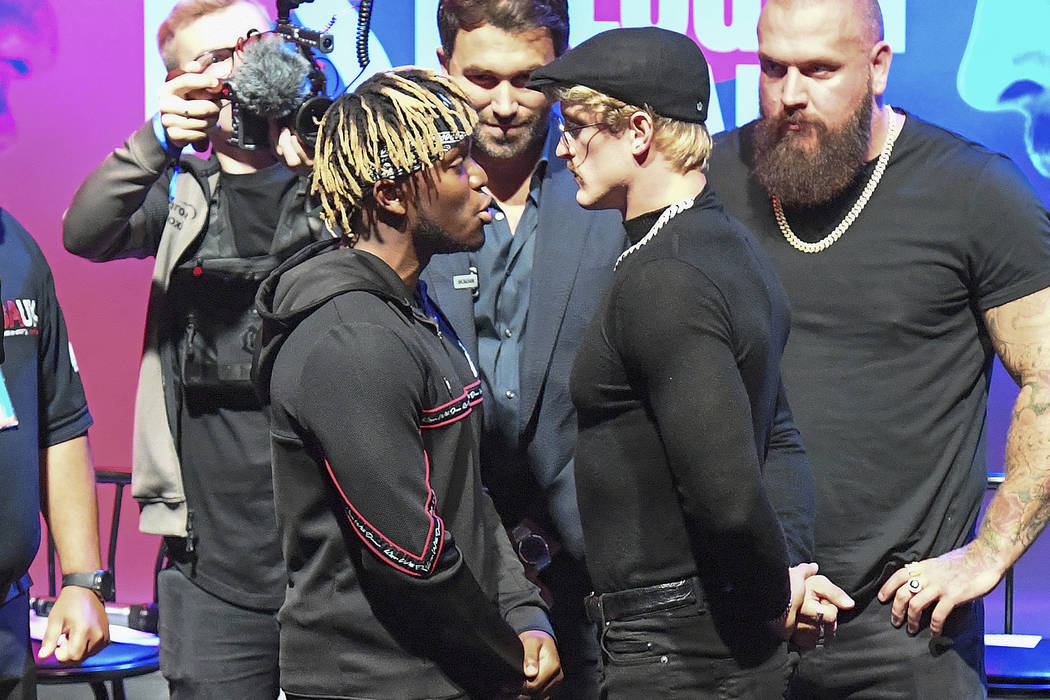 KSI v Logan Paul 2 Press Conference - Troxy. KSI (left) and Logan Paul during the press confere ...