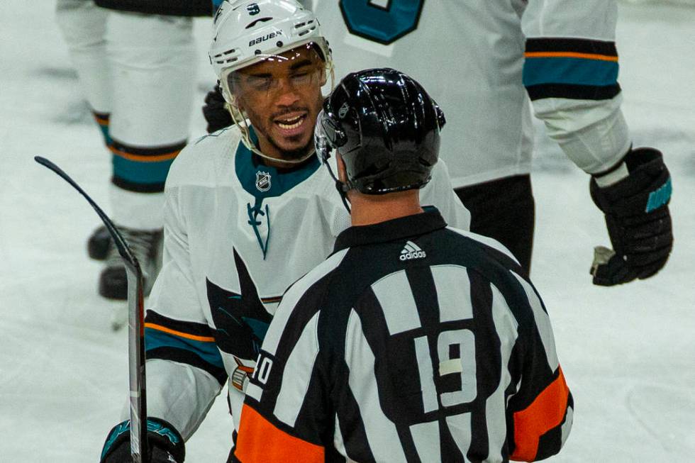 San Jose Sharks left wing Evander Kane (9) argues with a referee after fighting with Vegas Gold ...