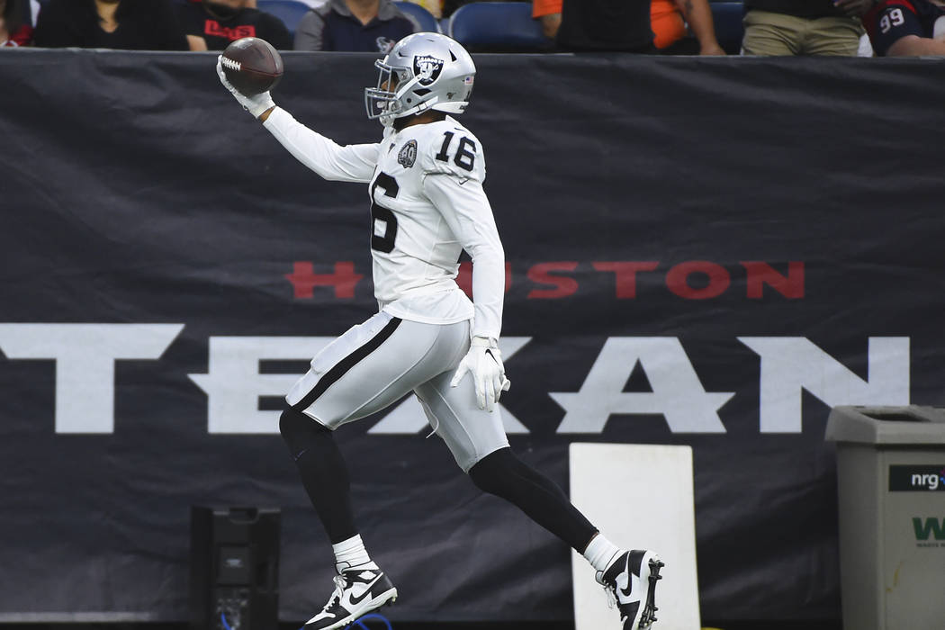 Oakland Raiders wide receiver Tyrell Williams (16) scores a touchdown against the Houston Texan ...