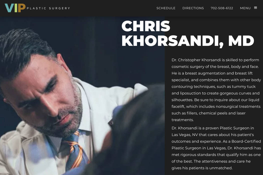 This screenshot of VIP Plastic Surgery website shows Dr. Christopher Khorsandi. Smith Plastic S ...