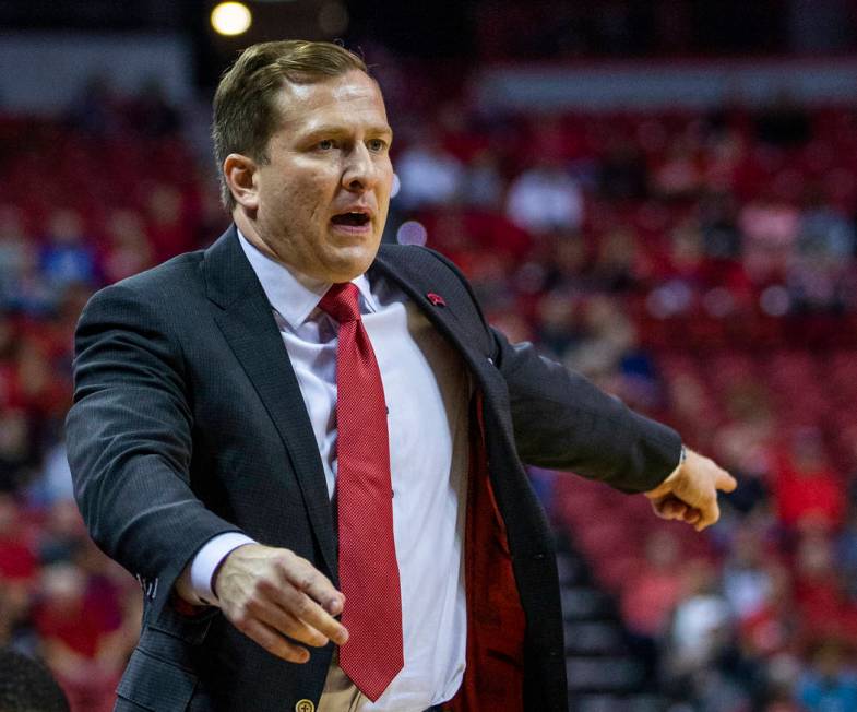 UNLV Rebels head coach T.J. Otzelberger directs his players versus Purdue Fort Wayne during the ...