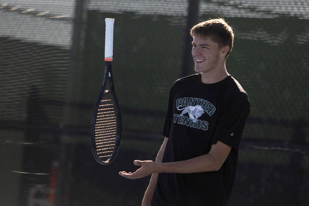 Palo Verde's Tyler Juhasz tosses his racket around during a doubles match against Coronado on W ...