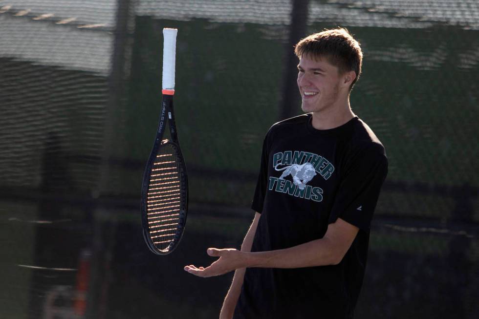 Palo Verde's Tyler Juhasz tosses his racket around during a doubles match against Coronado on W ...