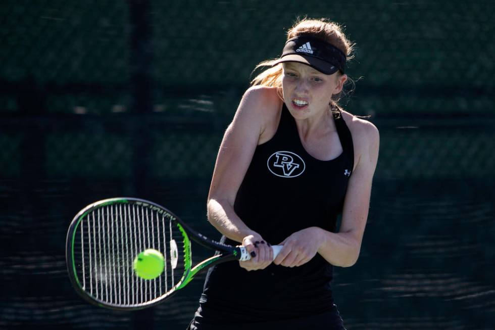 Palo Verde's Caroline Lemcke hits the ball to Coronado's Gabriella Balmer during the class 4A s ...