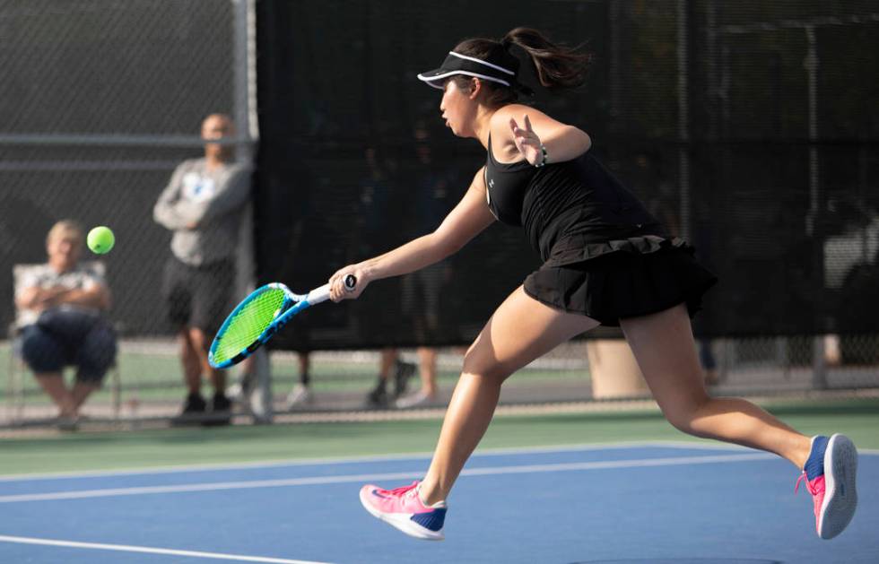 Palo Verde's Caroline Hsu reaches to hit the ball during a doubles match against Coronado on We ...