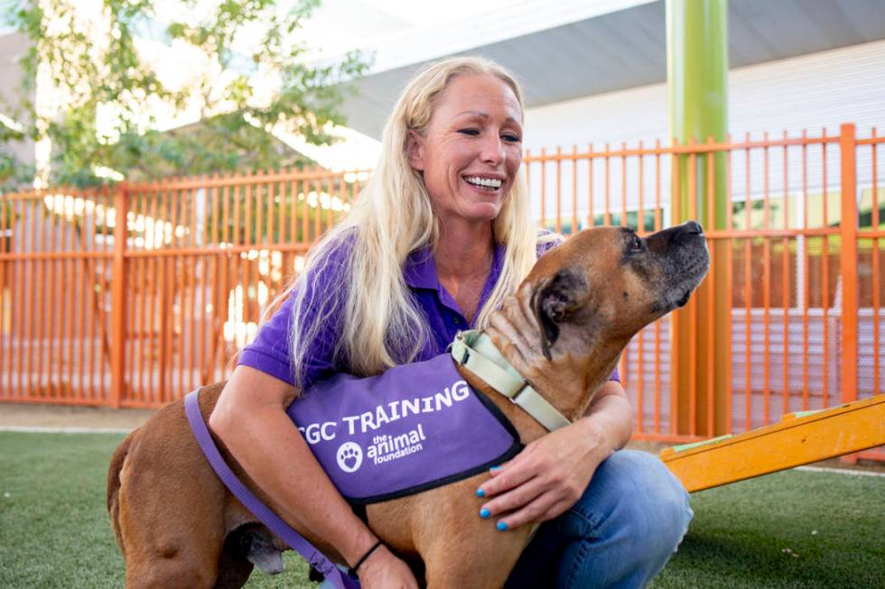 Nicole Fox, an enrichment specialist for the Animal Foundation, trains Louie, an eight-year-old ...